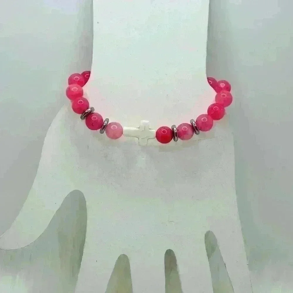 Bubble Gum Pink Beaded W/ White Cross Bracelet